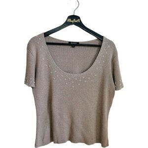 Emanuel Ungaro Beaded Knit Top Short Sleeve Scoop Neck Size L Taupe